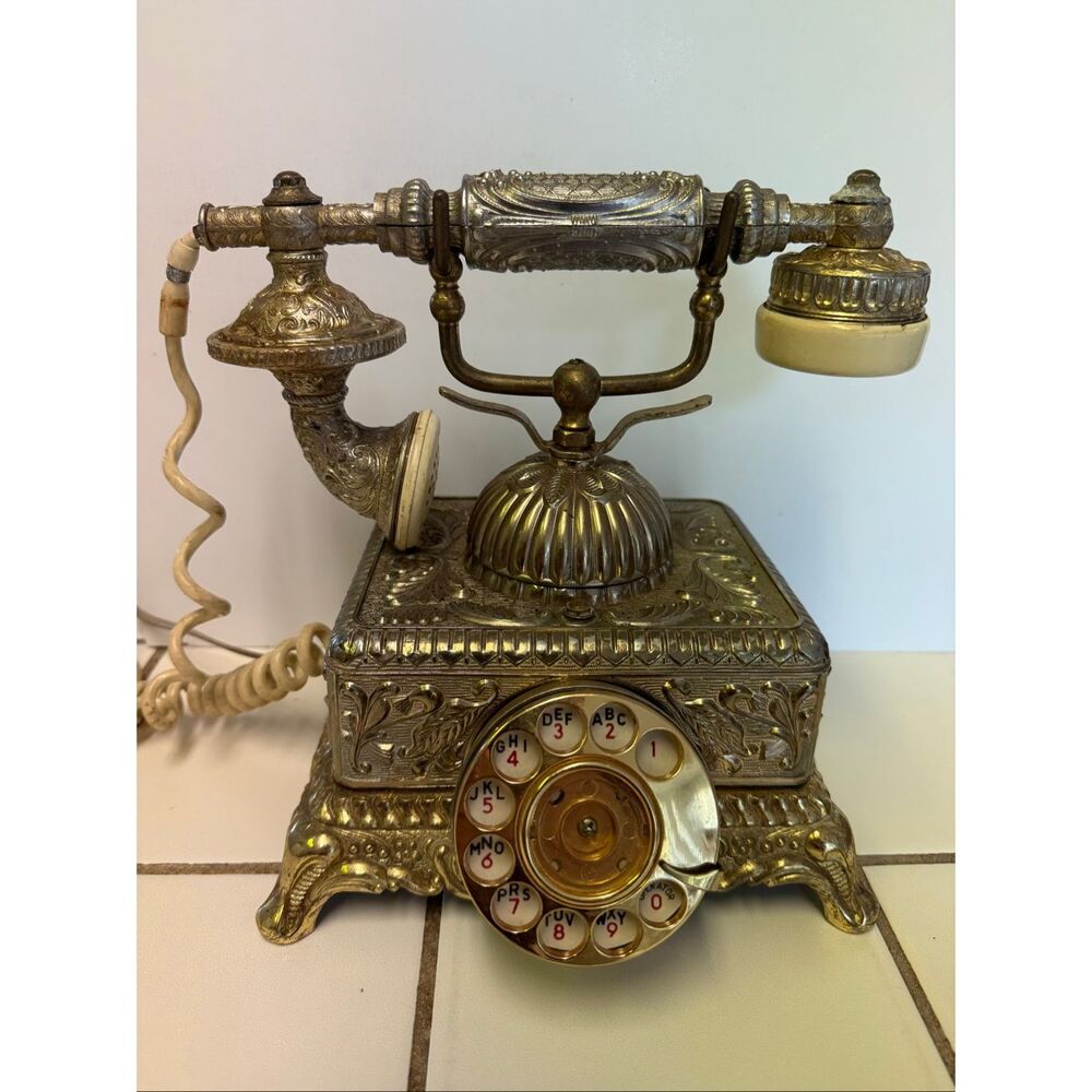 Vintage 70s Dong Jun Baroque Brass Victorian Ornate Rotary Dial Desk Telephone